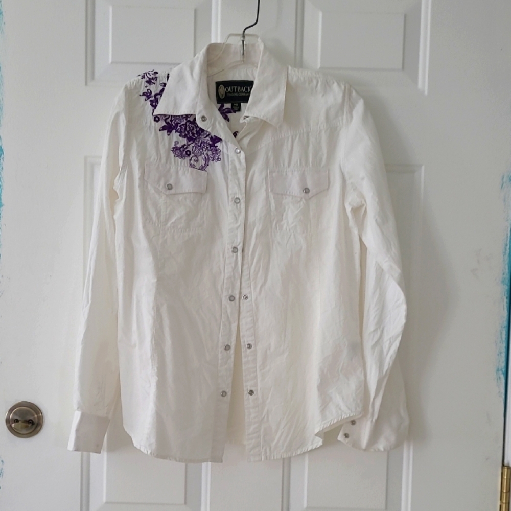 White Button Down Shirt with Purple Embroidery